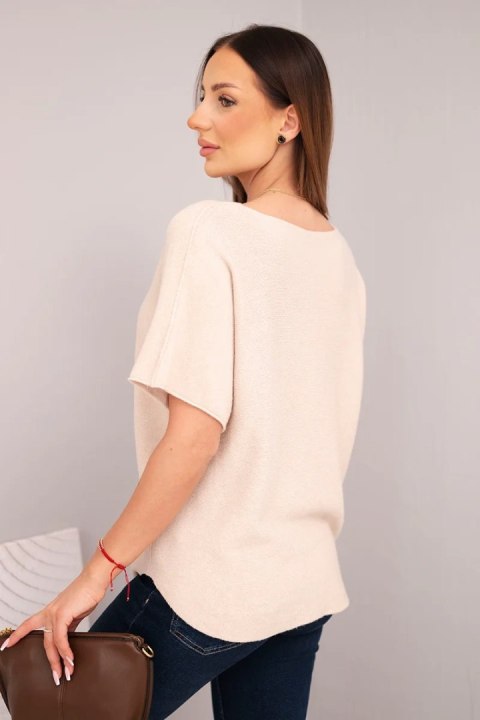 Bluzka damska sweterkowa z krótkim rękawem i dekoltem w serek beżowa