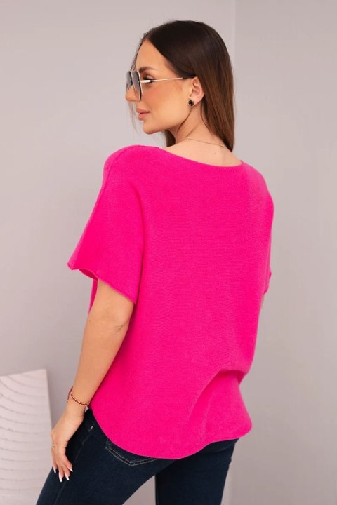 Bluzka damska sweterkowa z krótkim rękawem i dekoltem w serek fuksja