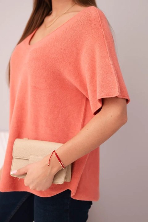 Bluzka damska sweterkowa z krótkim rękawem i dekoltem w serek morelowa