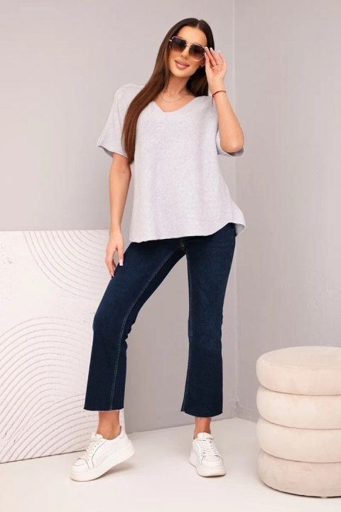 Bluzka damska sweterkowa z krótkim rękawem i dekoltem w serek szara