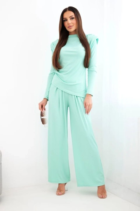 Komplet damski bawełniany z bluzką i spodniami z szeroką nogawką miętowy