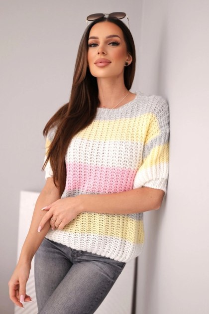 Sweter damski ażurowy w kolorowe pasy z krótkim rękawem szary