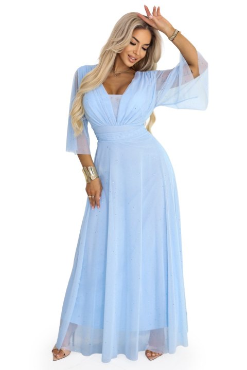654-3 Długa połyskująca sukienka plus size z dekoltem i transparentnym rękawkiem - błękitna