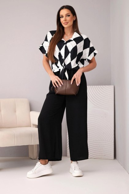 Komplet damski wiskozowy koszula z wiązaniem i spodnie z gumką czarny
