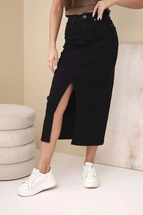 Klasyczna spódnica jeansowa midi z wysokim stanem i modelującym krojem czarna