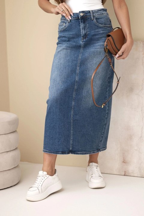 Klasyczna jeansowa spódnica midi M.Sara z wysokim stanem i rozcięciem