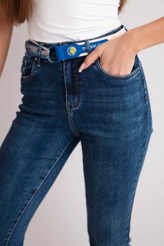 Spodnie damskie jeansowa Mom Fit z wysokim stanem i kontrastowym paskiem ciemno jeansowa