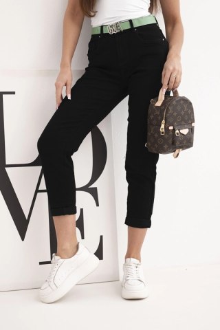 Spodnie damskie jeansowe Mom Fit z wysokim stanem i zielonym paskiem czarne