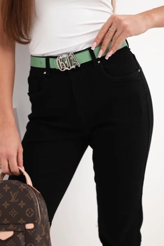 Spodnie damskie jeansowe Mom Fit z wysokim stanem i zielonym paskiem czarne