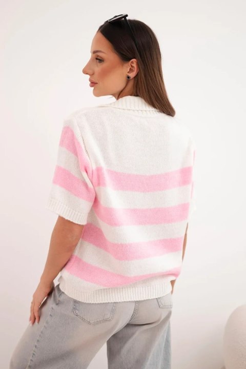 Sweter damski w paski z kołnierzem i krótkim rękawem ecru