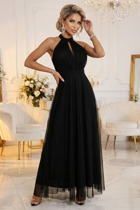 662-2 Elegancka sukienka wieczorowa maxi halter z tiulem i wiązaniem w talii - czarna