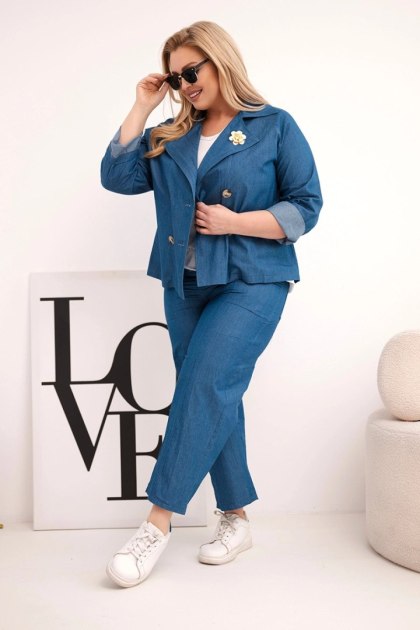 Komplet damski Plus Size bawełniany z marynarką i spodniami ciemno jeansowy