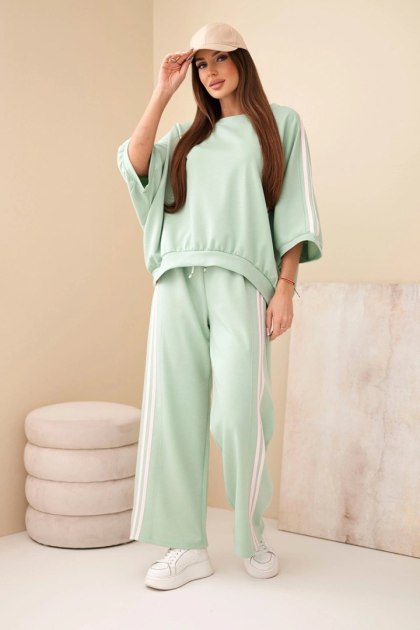 Komplet damski wiskozowy masełko z szeroką nogawką i luźną bluzą ciemny miętowy