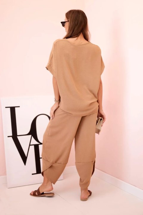 Komplet z wiskozy bluzka + spodnie camelowy