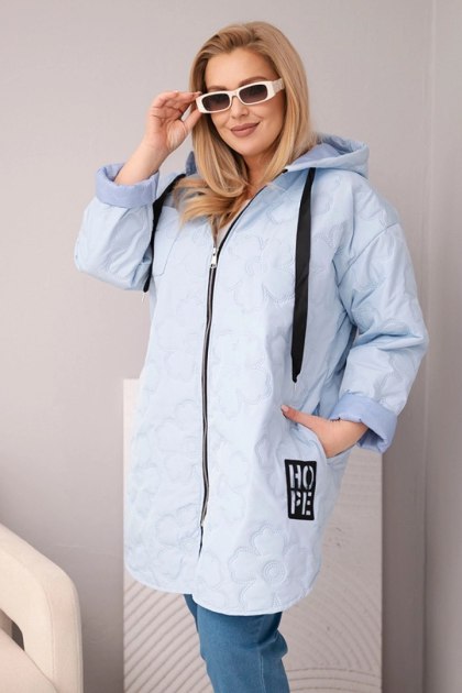 Kurtka damska Plus Size pikowana z kapturem i napisem HOPE niebieska