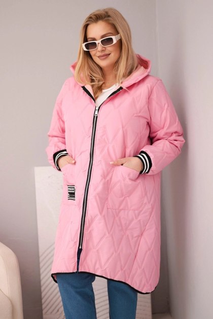 Kurtka damska Plus Size pikowana z kapturem i sportowymi mankietami jasno różowa