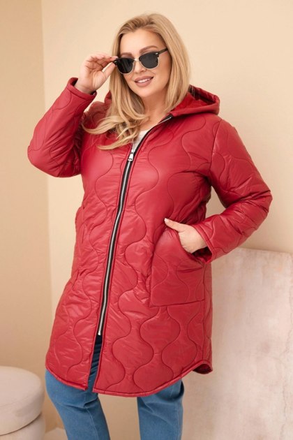 Kurtka damska Plus Size zimowa pikowana z kapturem bordowa