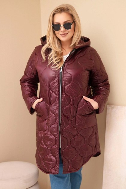 Kurtka damska Plus Size zimowa pikowana z kapturem śliwkowa