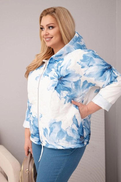 Kurtka damska wiosenna Plus Size z florystycznym wzorem niebieska