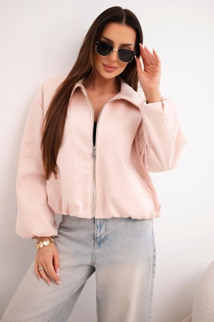 Kurtka damska z zamkiem i bufiastym rękawem pudrowy róż