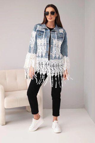 Kurtka jeansowa damska bawełniana z koronką i frędzlami  ciemno jeansowa