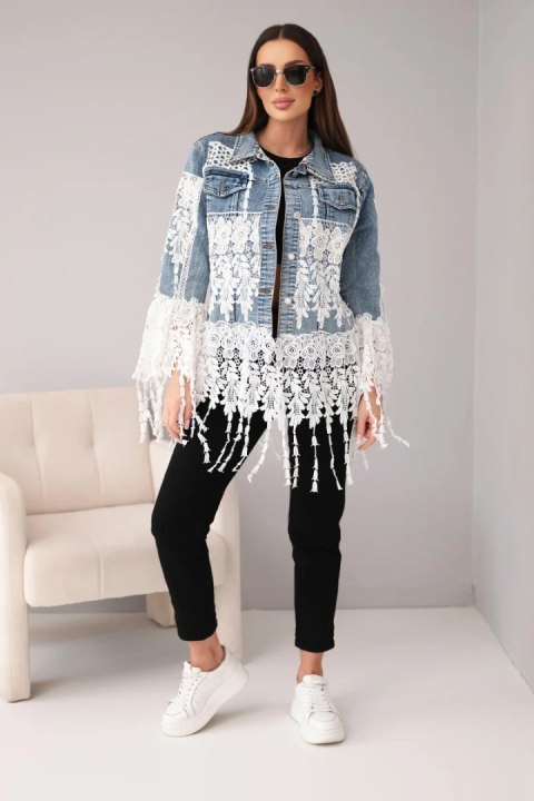 Kurtka jeansowa damska bawełniana z koronką i frędzlami – ciemnojeansowa klasyka w wydaniu boho