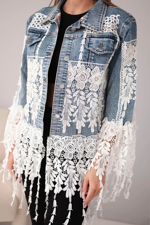 Kurtka jeansowa damska bawełniana z koronką i frędzlami  ciemno jeansowa