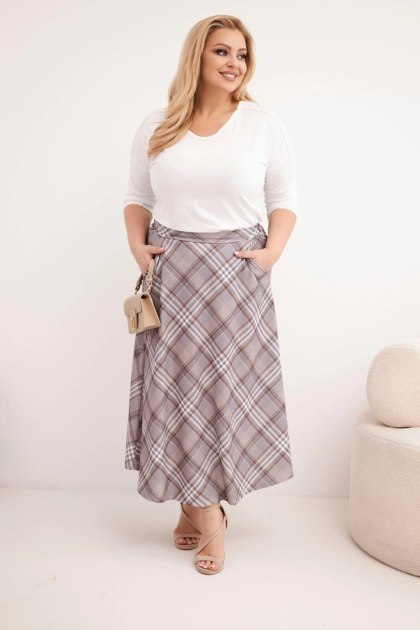 Spódnica damska Plus Size w kratę z szerokim dołem szara