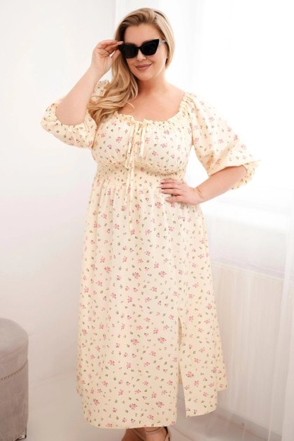 Sukienka damska Plus Size z dekoltem na troczki i elastyczną talią żółta