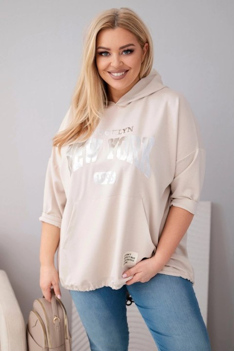 Bluza damska Plus Size wiskozowa z kapturem i kieszenią kangurką beżowa
