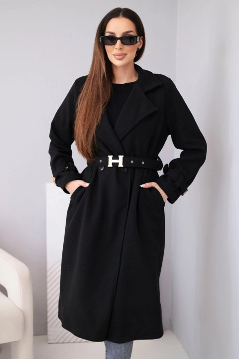 Czarny płaszcz damski z paskiem i złotymi klamrami