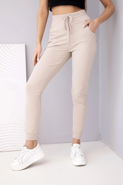 Spodnie damskie dresowe bawełniane z wysokim stanem i wiązaniem beżowe