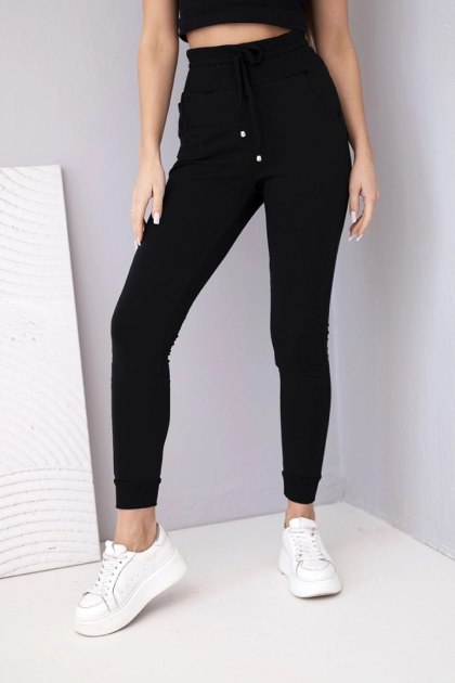 Spodnie damskie dresowe bawełniane z wysokim stanem i wiązaniem czarne