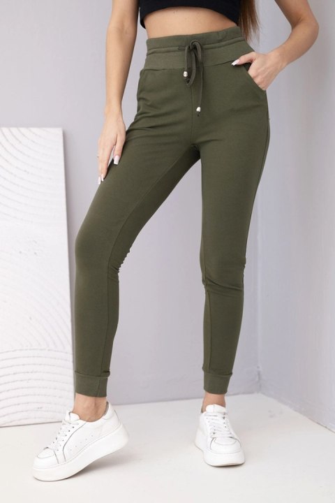 Spodnie damskie dresowe bawełniane z wysokim stanem khaki
