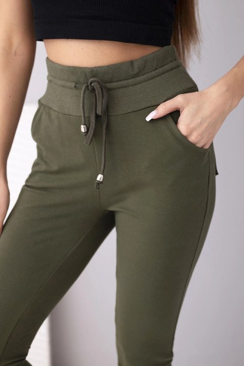 Spodnie damskie dresowe bawełniane z wysokim stanem khaki