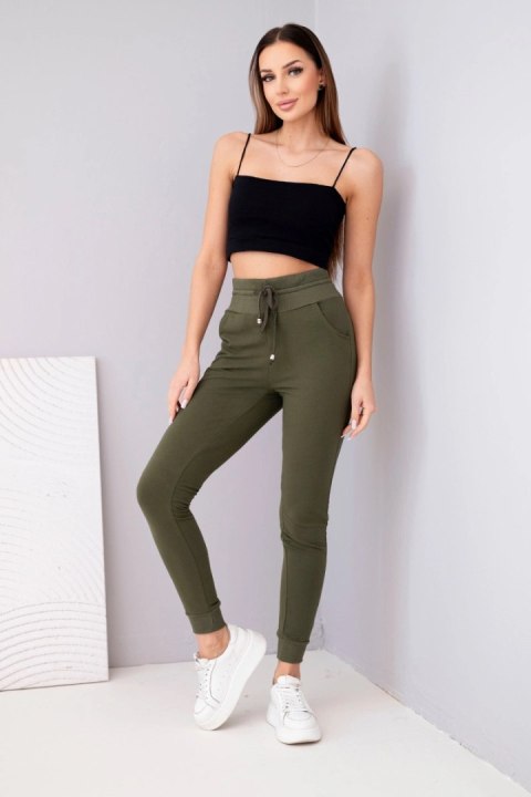 Spodnie damskie dresowe bawełniane z wysokim stanem i wiązaniem khaki