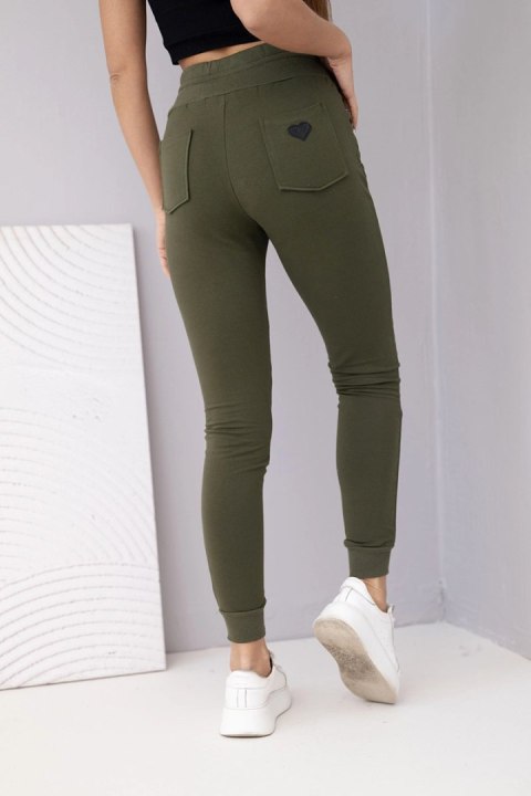 Spodnie damskie dresowe bawełniane z wysokim stanem i wiązaniem khaki