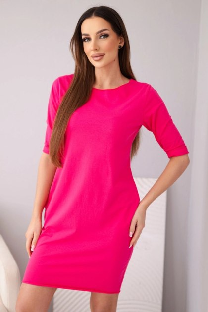 Sukienka damska bawełniana z rękawem 3/4 i kieszeniami fuksja
