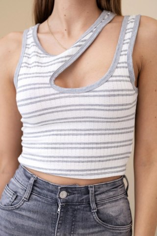 Top damski prążkowany bez rękawów w paski z wycięciem szara