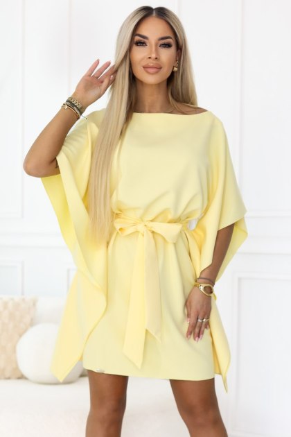 287-41 SOFIA Sukienka motyl z wiązaniem w pasie - pastelowy cytrynowy