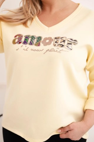 Bluza damska Plus Size z napisem i dekoltem V żółta