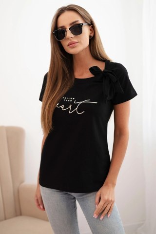 Bluzka damska bawełniana z kokardą na ramieniu i nadrukiem czarna