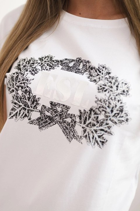 Biała bluzka damska bawełniana z ozdobnym nadrukiem