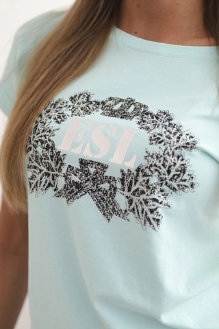 Bluzka damska bawełniana z ozdobnym nadrukiem ESL miętowa