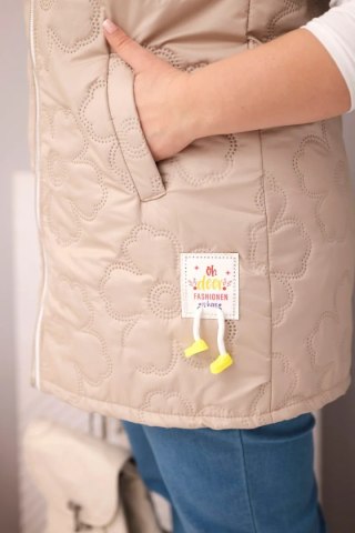 Kamizelka damska Plus Size z kapturem i pikowaniem w kwiaty ciemno beżowa