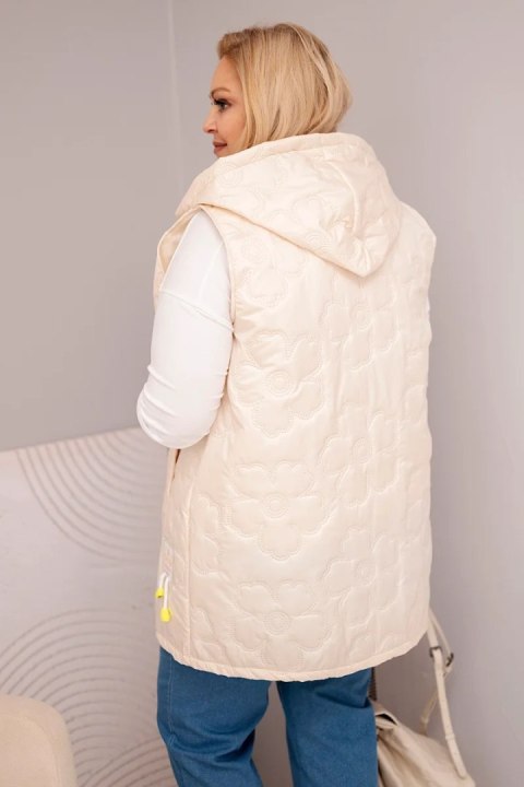 Kamizelka damska Plus Size z kapturem i pikowaniem w kwiaty jasno beżowa