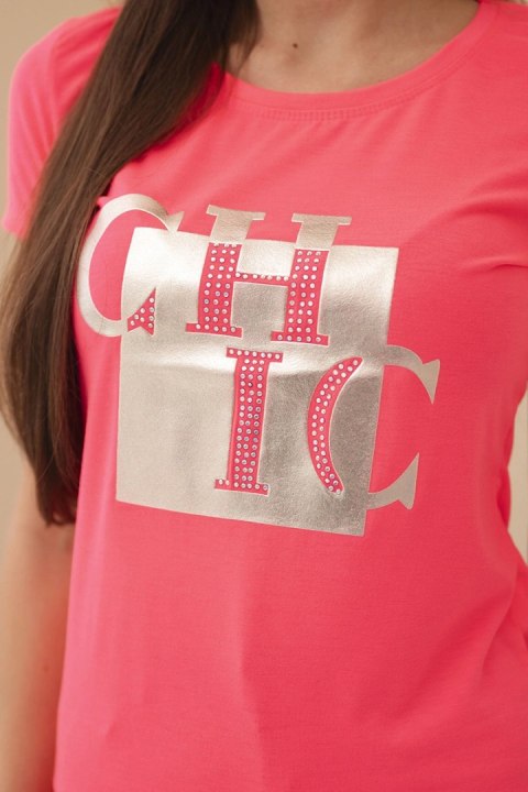 Koszulka damskia bawełniana z nadrukiem CHIC różowy neon