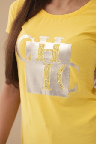 Koszulka damskia bawełniana z nadrukiem CHIC żółta