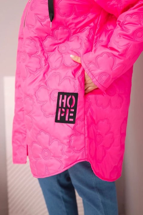 Kurtka damska Plus Size pikowana z kapturem i napisem HOPE różowy neon