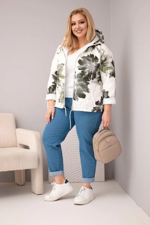 Kurtka damska wiosenna Plus Size z florystycznym wzorem khaki